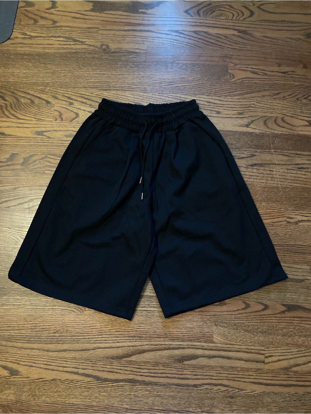 Womens Black Drawstring Casual Wide-leg Shorts